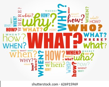 Questions whose answers are considered basic in information gathering or problem solving, word cloud background