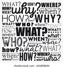 Questions whose answers are considered basic in information gathering or problem solving, word cloud background