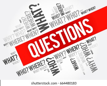 Questions whose answers are considered basic in information gathering or problem solving, word cloud background