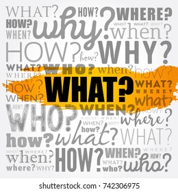 WHAT? - Questions whose answers are considered basic in information gathering or problem solving, word cloud background