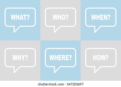 Questions WHY WHO HOW WHAT WHEN WHERE retro speech balloon.