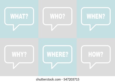 Questions WHY WHO HOW WHAT WHEN WHERE retro speech balloon.
