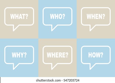 Questions WHY WHO HOW WHAT WHEN WHERE retro speech balloon.