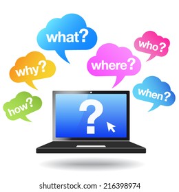 Questions words web and Internet concept with question mark symbol icon on a laptop computer and signs on colorful clouds. Vector EPS 10 illustration isolated on white background.