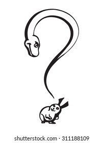 question-shaped snake is attacking rabbit