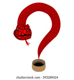 Question-shaped snake. Stylized as question mark snake rises from basket.
Dangerous question. Isolated background.