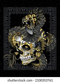 quetzalcoatl black and gold serpent with a skull