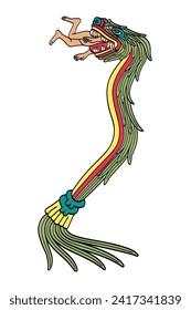 Quetzalcoatl devora a un humano. dios azteca de la vida, la luz y la sabiduría, señor del día y los vientos, como se describe en el Codex Borbonicus. Serpiente plumada, una entidad sobrenatural, llamada Kukulkan o Tohil por los mayas.