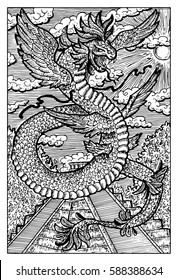 Quetzalcoatl, feathered serpent, ancient aztec god. Hand drawn vector illustration. Engraved line art drawing, black and white doodle. See all fantasy collection in my portfolio set.