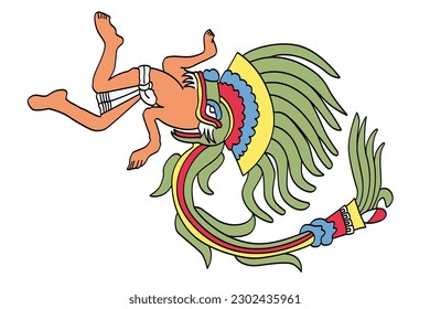 Quetzalcoatl as Feathered Serpent, Aztec god. The plumed serpent is allegoric to the dual nature of the deity, with his ability to creep on the ground and to fly, a symbol for death and resurrection.