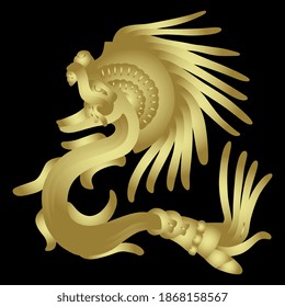 Quetzalcoatl. Feathered Serpent. Fantastic creature of Aztec mythology. Golden silhouette on black background.