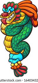 Quetzalcoatl feathered serpent god cartoon. Vector clip art illustration with simple gradients. 