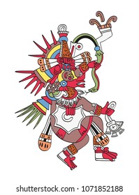 Quetzalcoatl, the feathered serpent. God of Wind and Wisdom. Twin brother of Tezcatlipoca. Deity as depicted in the antique Aztec manuscript painting Codex Borbonicus. Illustration over white. Vector.