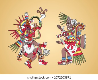 Quetzalcoatl, serpiente plumada, dios del Viento y la Sabiduría, se fue. Tezcatlipoca, Espejo Fumador, dios de la magia y la oscuridad, derecha. Hermanos gemelos. Dioses aztecos como se describe en la pintura de un antiguo manuscrito.Vector.