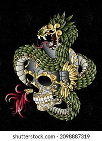 Quetzalcoatl over a skull graphic design