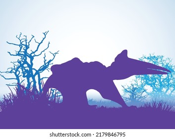 Quetzalcoatlus Dinosaurs silhouettes in prehistoric environment overlapping layers; decorative background banner abstract vector illustration