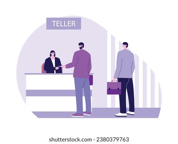 Queue according to serial number to make transactions at the bank, assisted by a friendly teller, vector illustration.