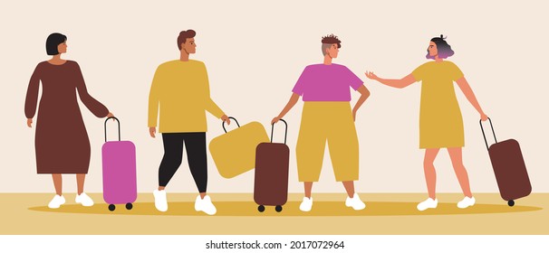 Queue at the airport, passengers with luggage. Flat vector stock illustration. People at the airport. Young men and women with shopping bags. Waiting for the flight. Vector graphics