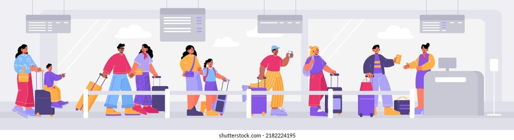 Queue in airport, people waiting in line for registration check in. Passengers characters with luggage prepare documents for passport control desk. Men, women, kids boarding Linear vector illustration