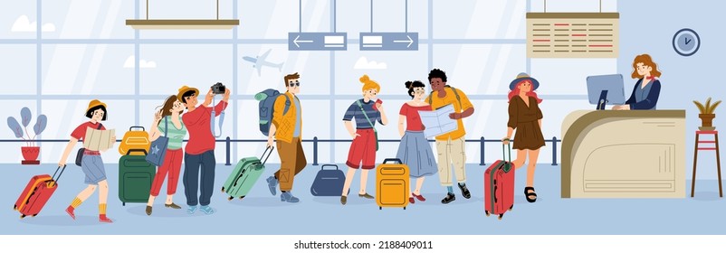 Queue in airport, people waiting in line for registration check in. Passengers characters with luggage prepare documents for passport control desk. Men and women boarding Line art vector illustration