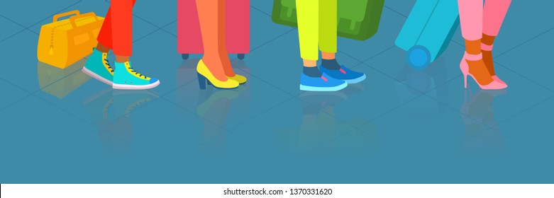 Queue at the airport, train, bus station. People go on a trip, waiting with luggage. Legs only. Template for header, top of the page design. Vector multicolored cartoon long horizontal illustration.