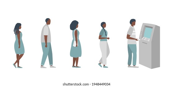 Queue to the ATM. Black people are waiting in line to withdraw money from an ATM. Vector illustration in flat style.