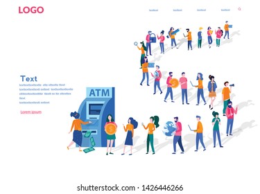 Queue at the ATM. Business people are standing in line. People waiting in line near ATM machine, Vector isometric illustration,  perform financial transactions using ATM. 3D