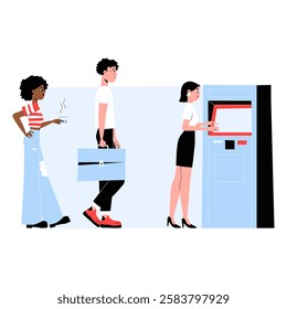 Queue At ATM With Businessman, Casual Woman, And Bank Client In Flat Vector Illustration Symbolizing Banking, Transactions, And Financial Services, Isolated On White Background