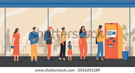 Queue atm composition with outdoor view of people standing in line to atm machine for withdrawal vector illustration