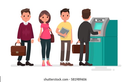 Queue at the ATM. Disgruntled people are standing in line for an isolated background. Vector illustration in a flat style