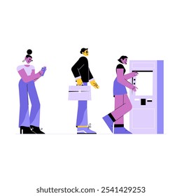 Queue At ATM With Diverse Characters In Flat Vector Illustration Symbolizing Banking, Money Withdrawal, Financial Transaction, Isolated On White Background