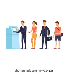 Queue to ATM. Flat design vector illustration.