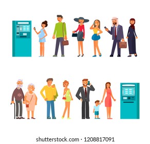 Queue at the ATM in a flat style. People characters are standing in line. Isolated white background. Vector illustration eps10