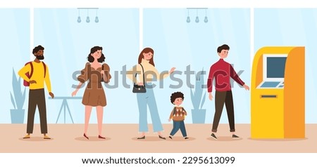 Queue at atm machine. Men and women with children stand near terminal for banking transactions. Transactions and transfers, payments. Machine for withdrawal. Cartoon flat vector illustration