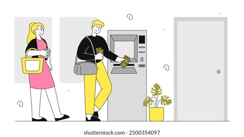 Queue at ATM. Man and woman withdraw cash or top up their account. Clients at bank. Cashless payments, transfers and transactions. Linear vector illustration isolated on white background