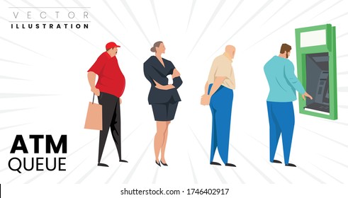 Queue at the ATM. People are standing in line in ATM for withdraw cash  . Vector illustration in a flat style