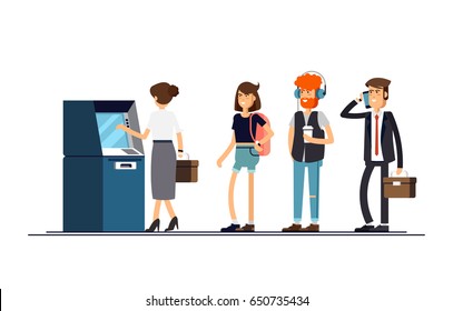 Queue at the ATM. People are standing in line for an isolated background. Vector illustration in a flat style