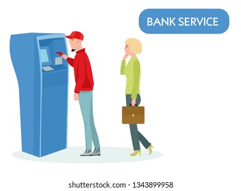 Queue at the ATM. People waiting in line near ATM machine on white background. Vector illustration in a flat cartoon style