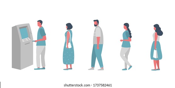 Queue to the ATM. People are waiting in line to withdraw money from an ATM. Vector illustration in flat style.