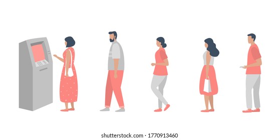 Queue to the ATM. People are waiting in line to withdraw money from an ATM. Vector illustration in flat style.