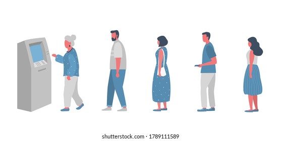 Cola en el cajero automático. La gente está esperando en fila para retirar dinero de un cajero automático. Iconos de la gente. Ilustración vectorial en estilo plano.