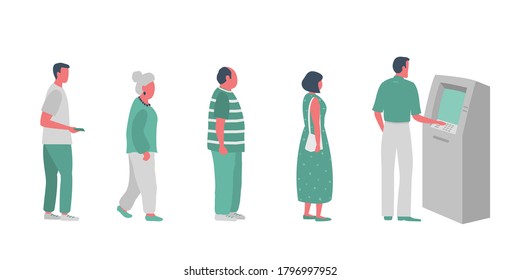 Queue to the ATM. People are waiting in line to withdraw money from an ATM. Vector illustration in flat style.