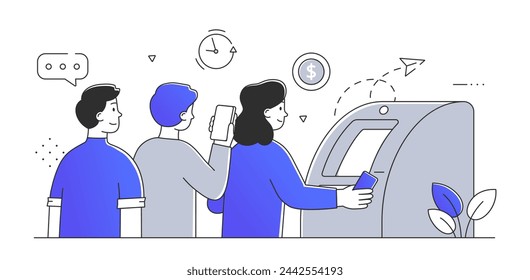 Queue at ATM simple. Men and woman with banking cards. Financial literacy and cashless transfers and transactions, electronic wallet. Doodle flat vector illustration isolated on white background