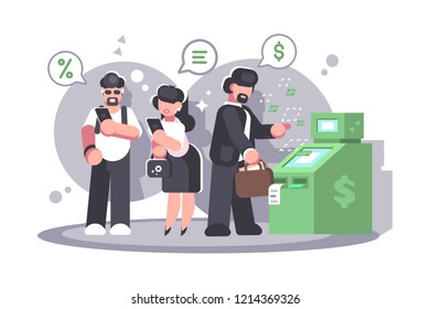 Queue at ATM withdrawing money from credit card. People taking cash from bank terminal. Flat. Vector illustration.