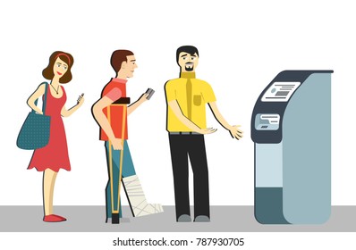 Queue at the ATM.Disgruntled people are standing in line for an isolated background.a man on crutches in the queue.terminal machine bank.withdrawing money from ATM.Banking concept vector. good manners