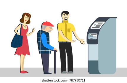 Queue at the ATM.Disgruntled people are standing in line for an isolated background.Senior man in queue. terminal machine bank.withdrawing money from ATM.Banking concept vector. Good manners