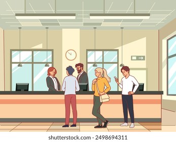 Cola en el banco. Interior del negocio con los oficinistas, los clientes que se ponen en fila, la gente que espera su turno, servicio de las inversiones financieras, concepto aislado del Vector del estilo plano de la historieta