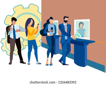 The queue at the bank cashier. Payment of the loan. In minimalist style. Flat isometric vector illustration