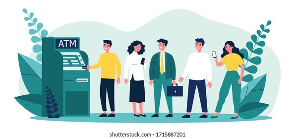 Warteschlange von Bankkunden, die am Geldautomaten stehen. Personen, die für die Nutzung ihrer Kreditkarte für Transaktionen in der Warteschlange stehen. Vektorillustration-Illustration für Finanzen, Geldentzug, Währungskonzept