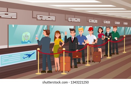 Queue for Boarding Registration Flat Illustration. Vector Colorfull Background. People with Travel Bags Stand Line and Wait Until they Served by Airport Staff and Allowed to Boarding.